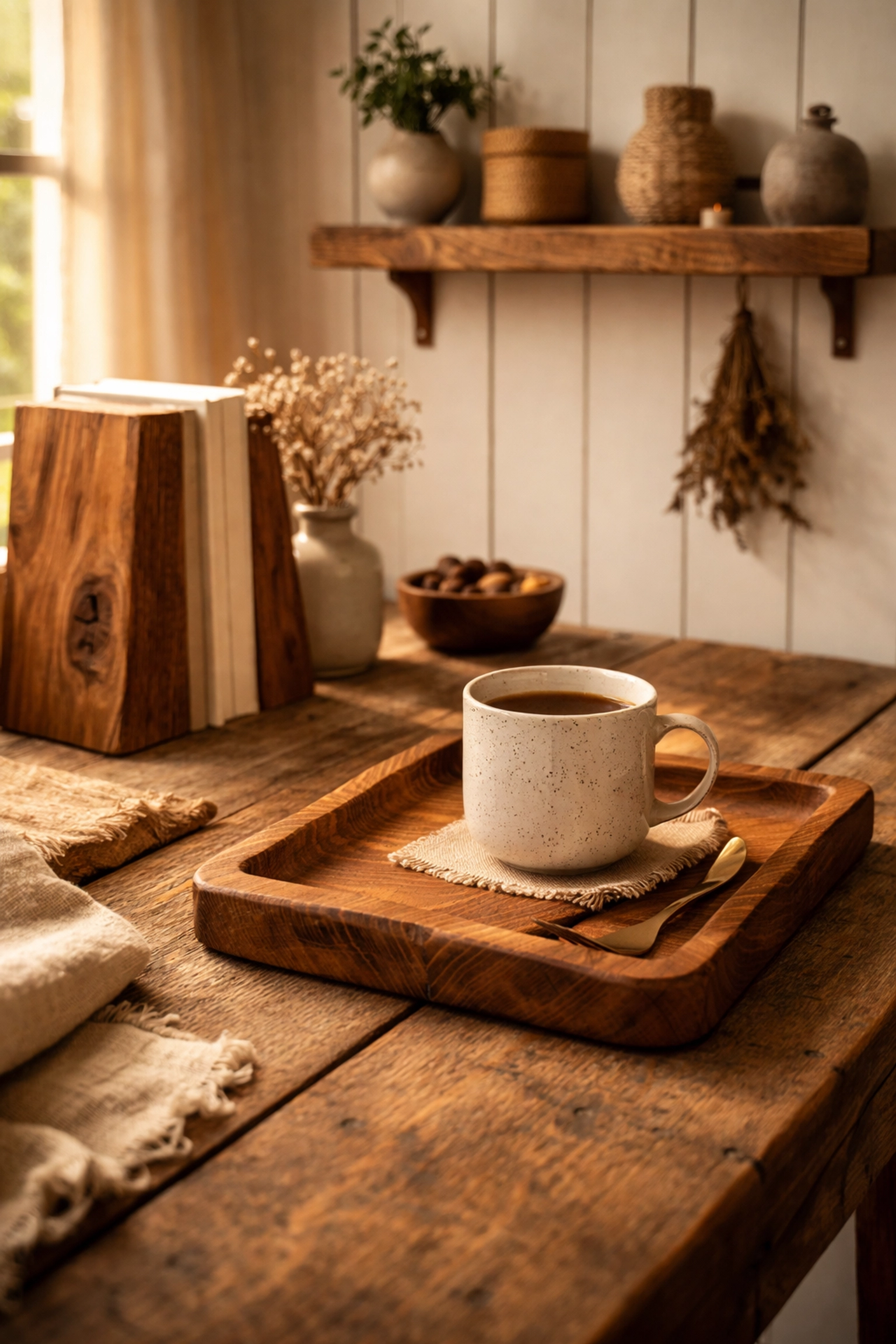 Handcrafted wooden accessories including live-edge trays and reclaimed wood shelves on a rustic farmhouse table