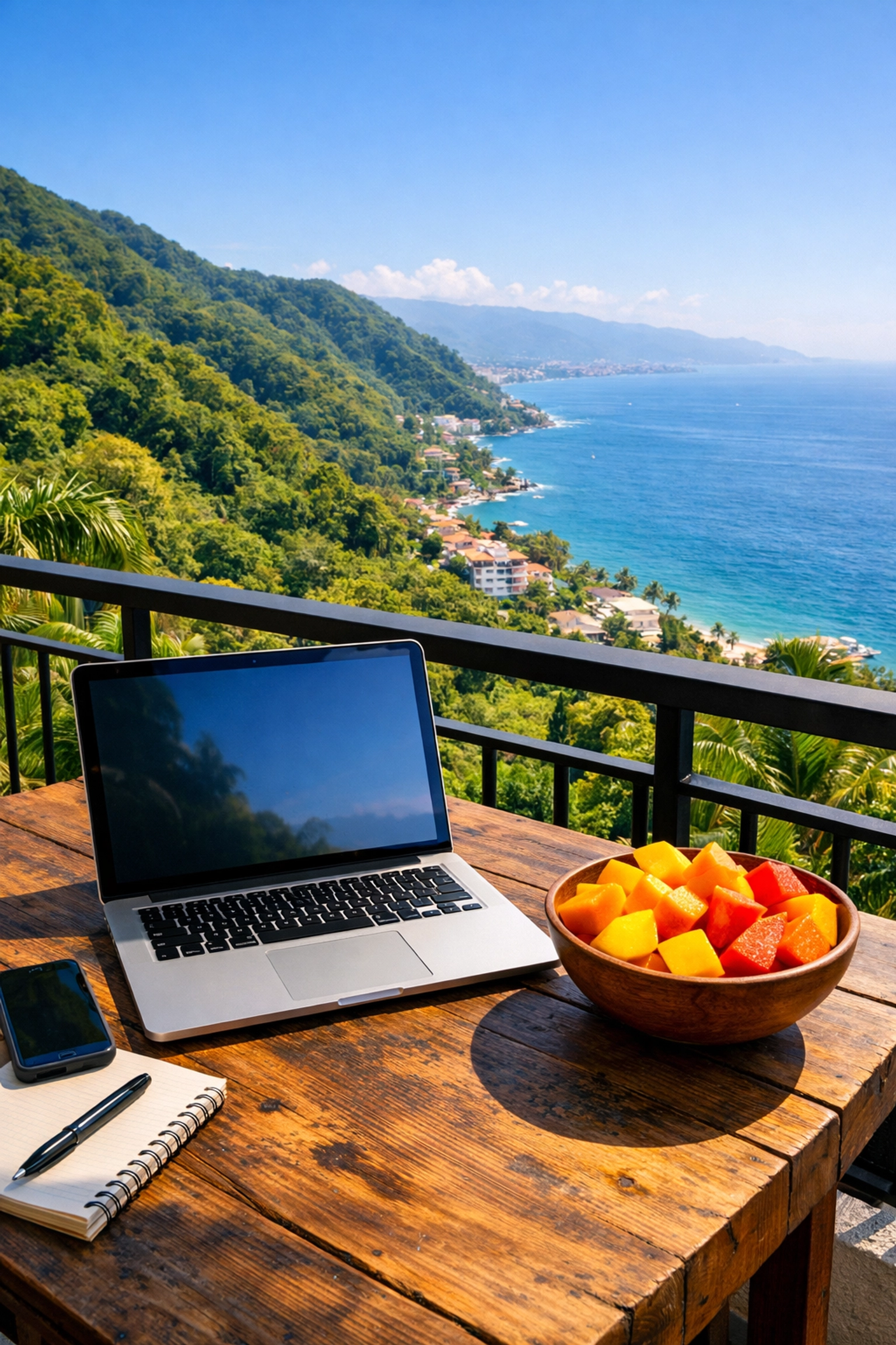 Digital nomad office on a balcony in Amapas, Puerto Vallarta with ocean and jungle views.