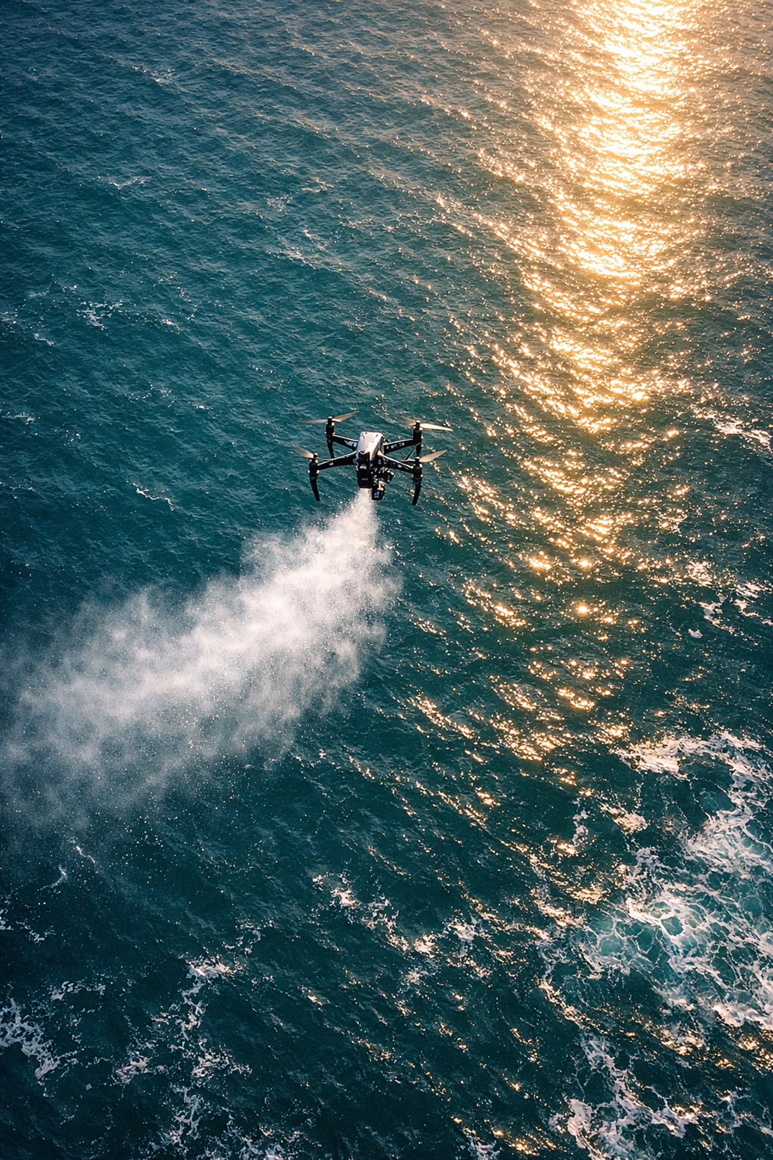 Aerial view of a drone scattering ashes over the turquoise waters of the Cornwall coast at sunset.