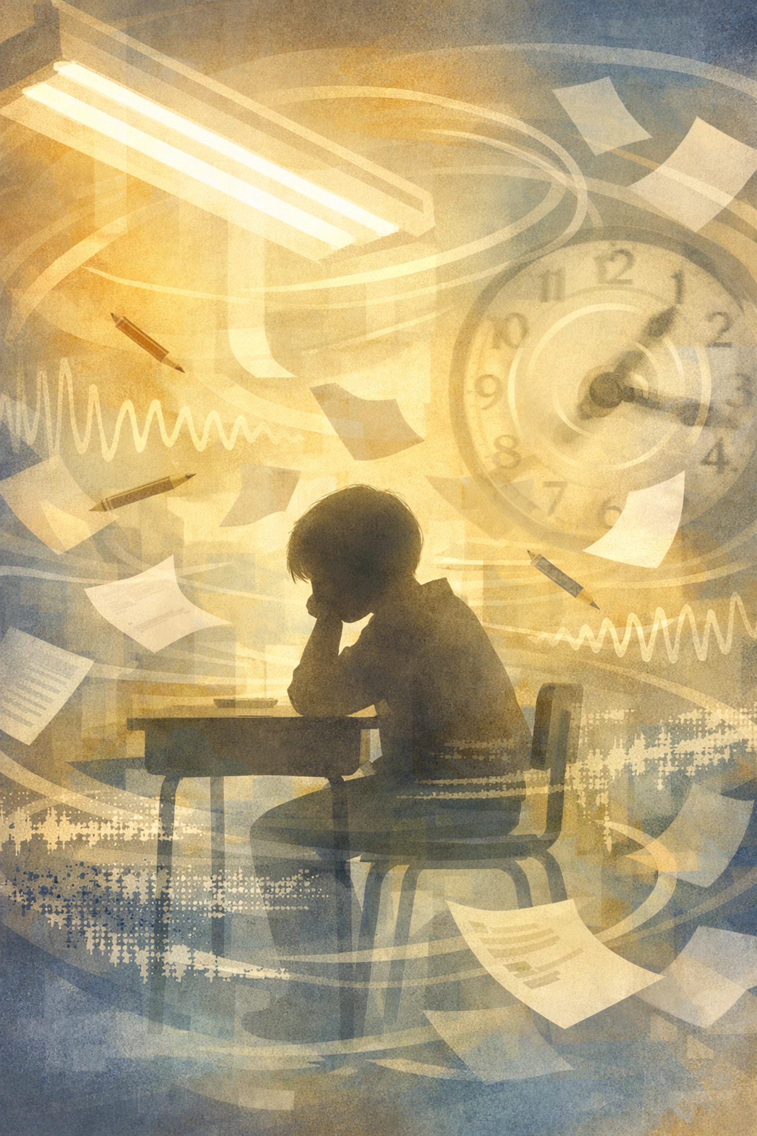 Child experiencing sensory overload at school desk with visual noise and distractions
