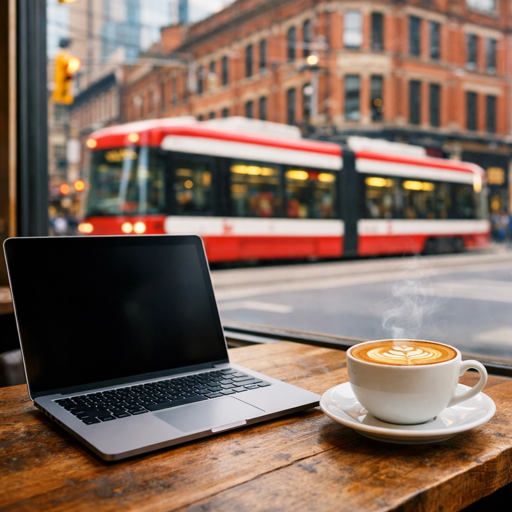 A laptop in a Toronto cafe with a streetcar outside, illustrating a hyper-local content marketing strategy.