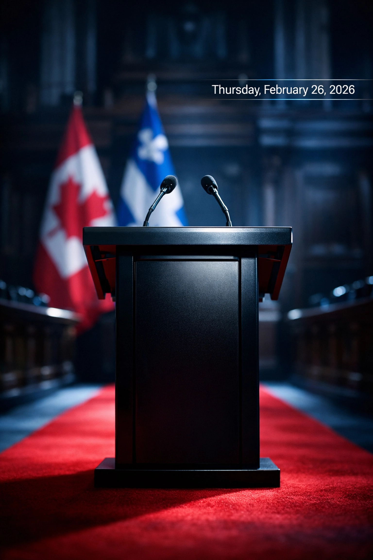 Legislative podium with Canadian and Quebec flags illustrating Montreal political news updates.