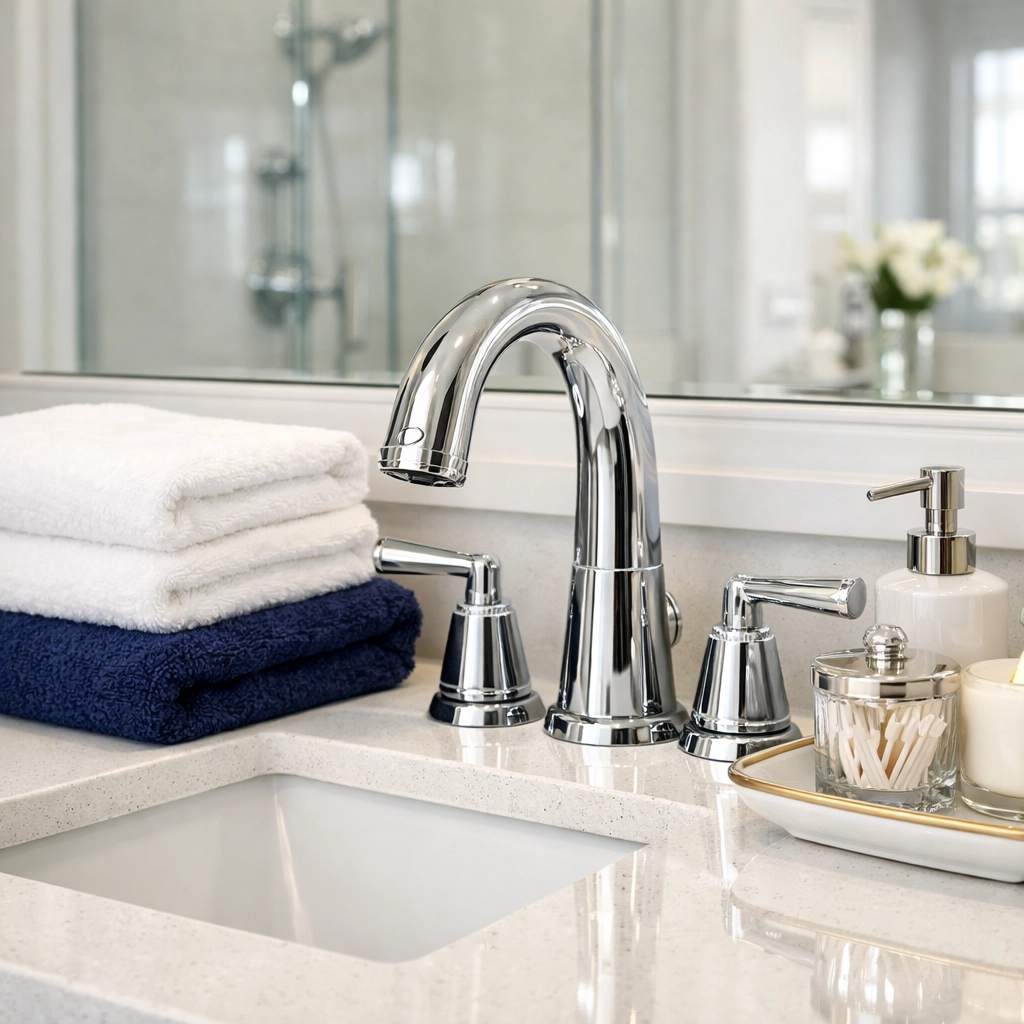 A perfectly sanitized bathroom vanity in Lynnfield demonstrating ninja-like cleaning efficiency.