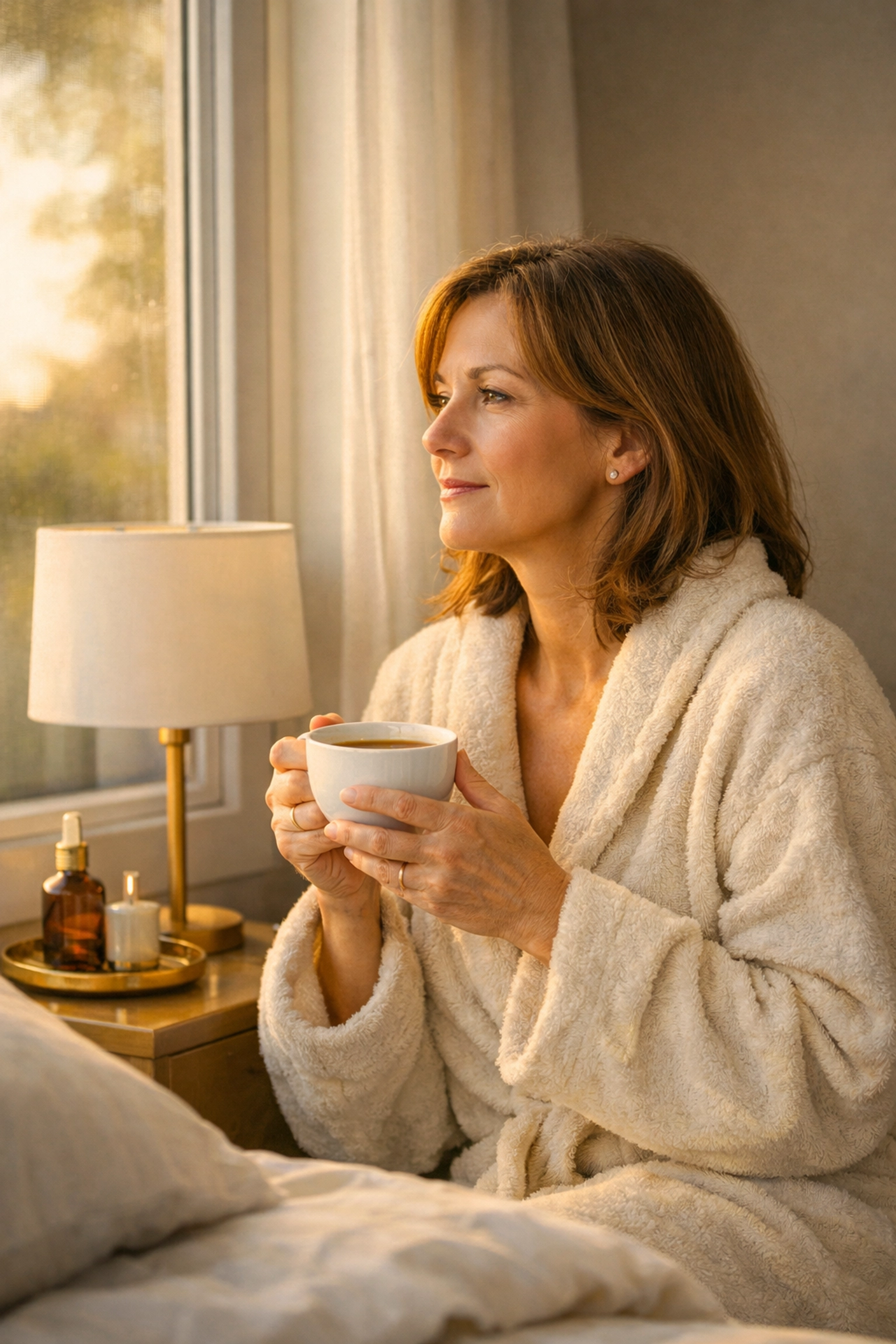 Woman experiencing menopause symptoms during quiet morning reflection