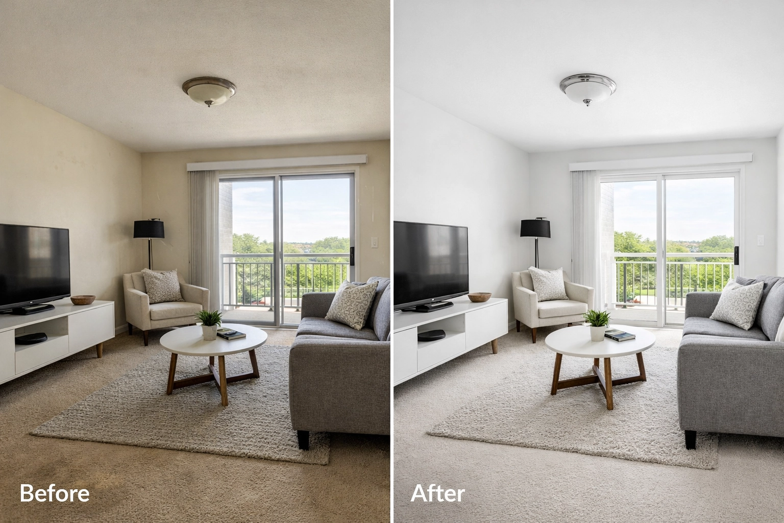 Before and after comparison of apartment living room transformed to move-in ready condition