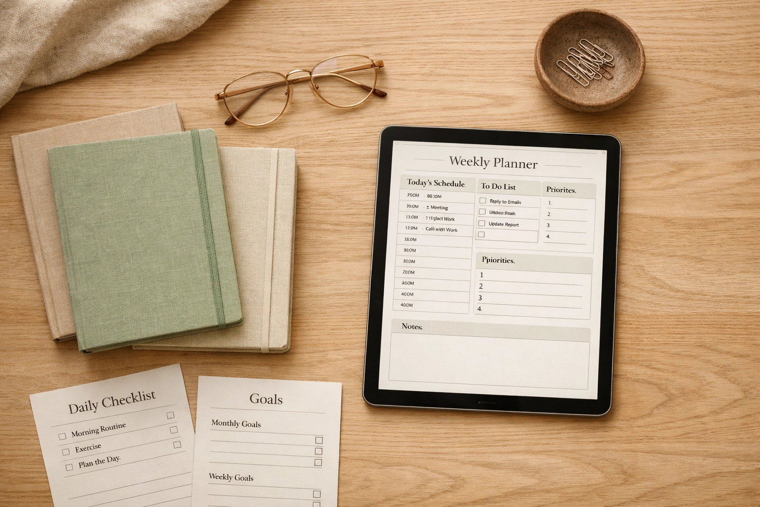 Organized workspace with a digital planner designed to help creators sell digital products online automatically.