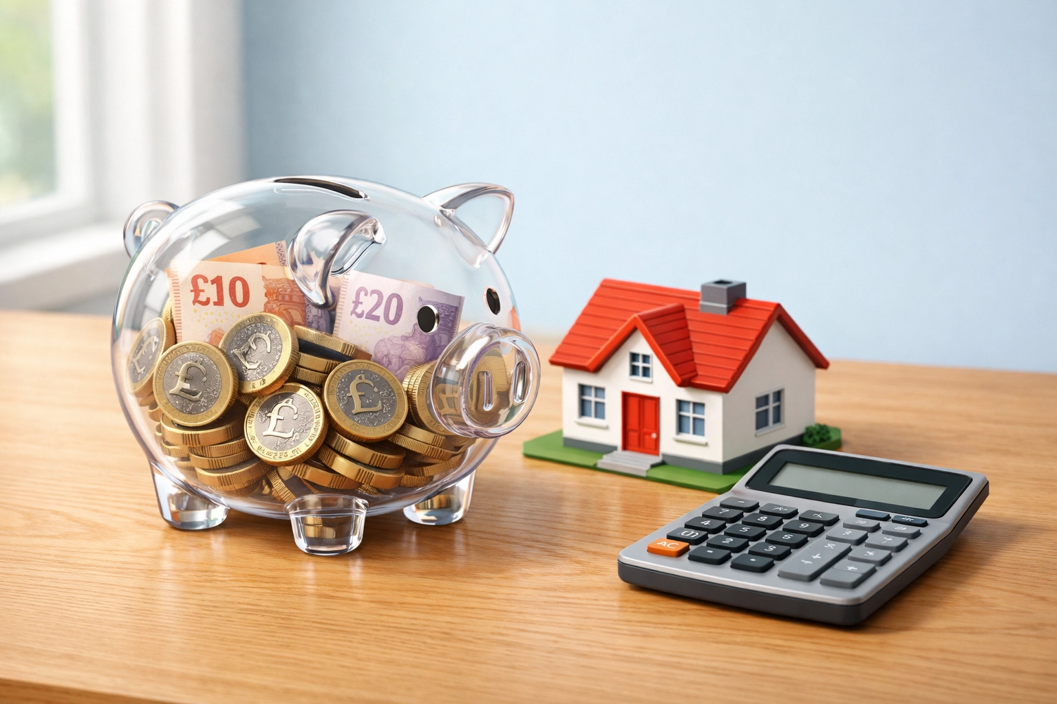 Mortgage savings piggy bank with house model showing UK deposit planning