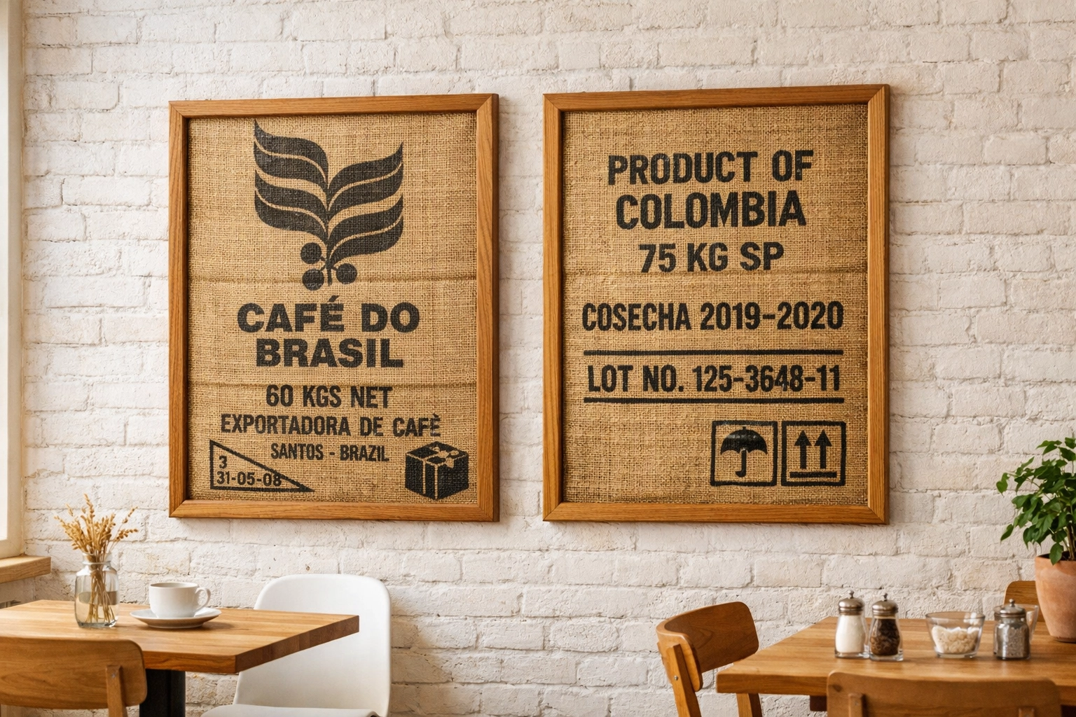 Framed burlap coffee sacks with origin stamps used as wall art in a modern cafe.