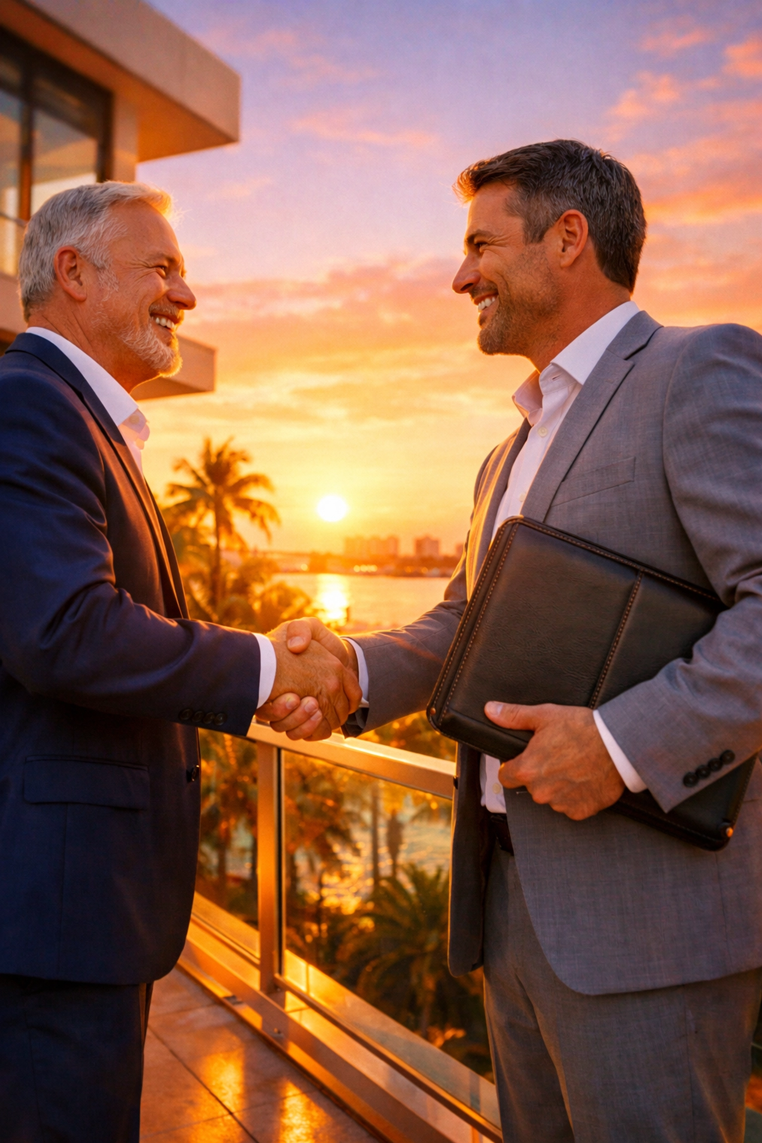 Business owners shaking hands on a terrace after a successful Sarasota business sale.