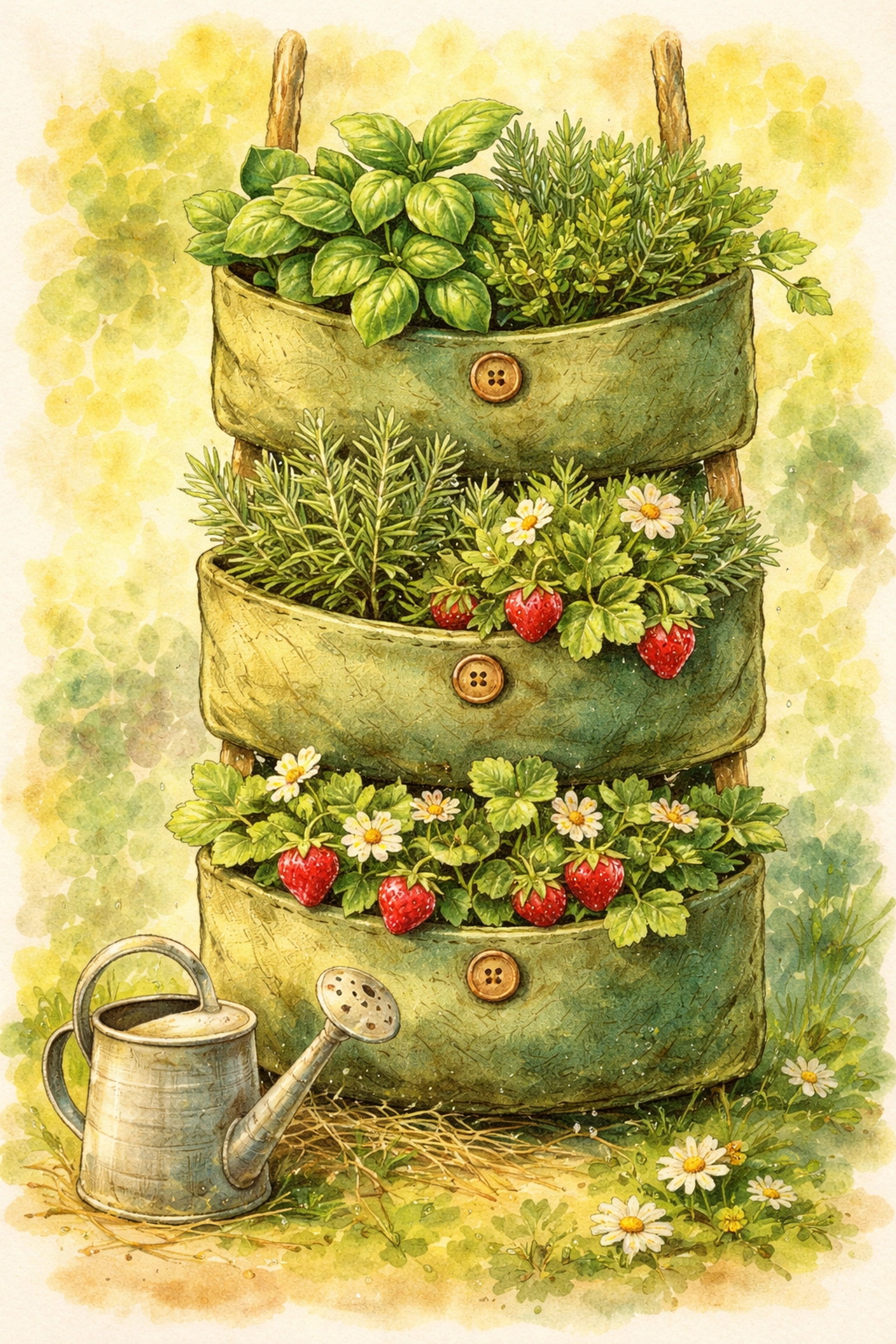 Charming illustration of stacked felt pocket planters filled with herbs and strawberries, demonstrating vertical gardening options.