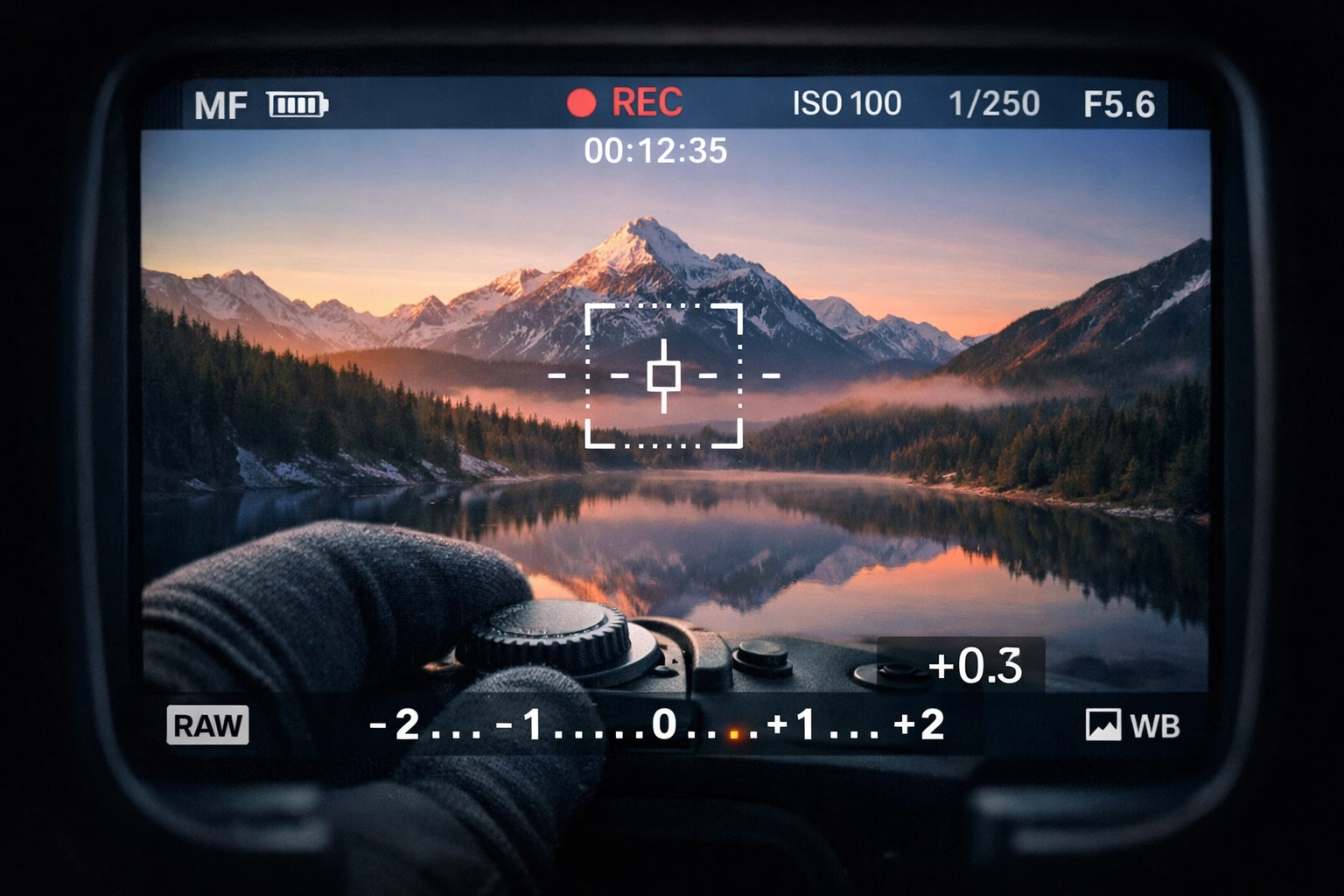 POV of a mountain landscape through a camera viewfinder showing the manual exposure scale.