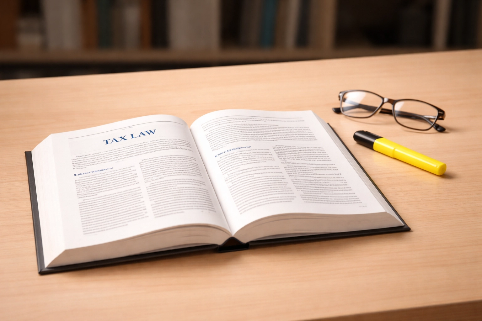 Open tax law textbook, highlighter, and glasses on wooden desk illustrating comprehensive course curriculum
