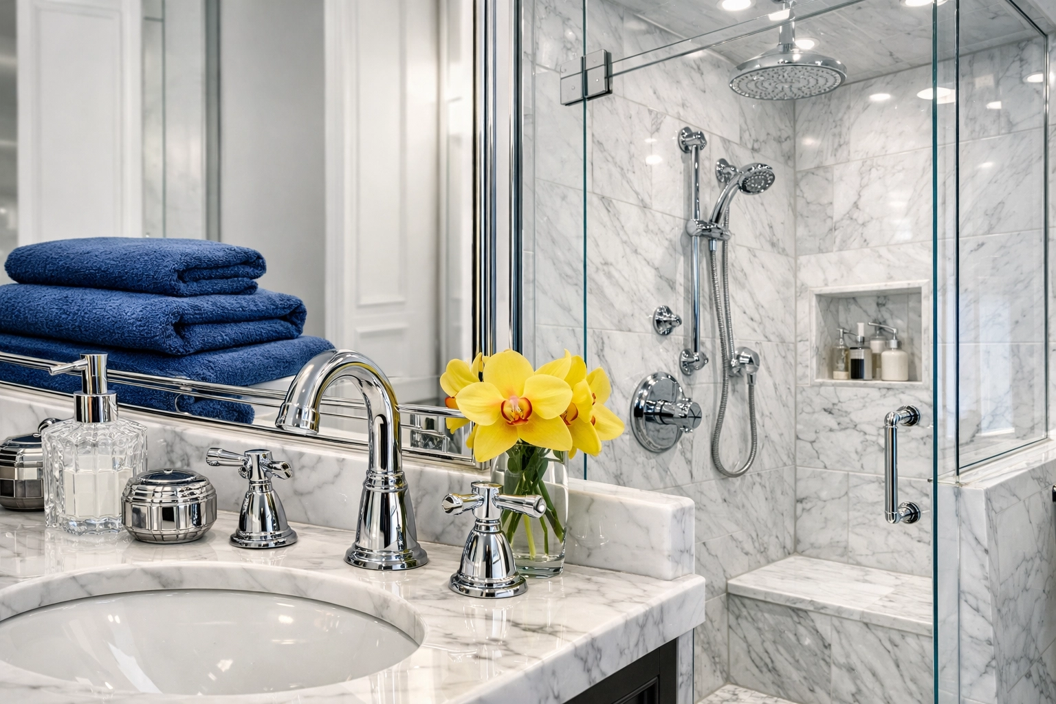 Pristine marble bathroom vanity and shower showcasing expert move-in cleaning in Boston results.