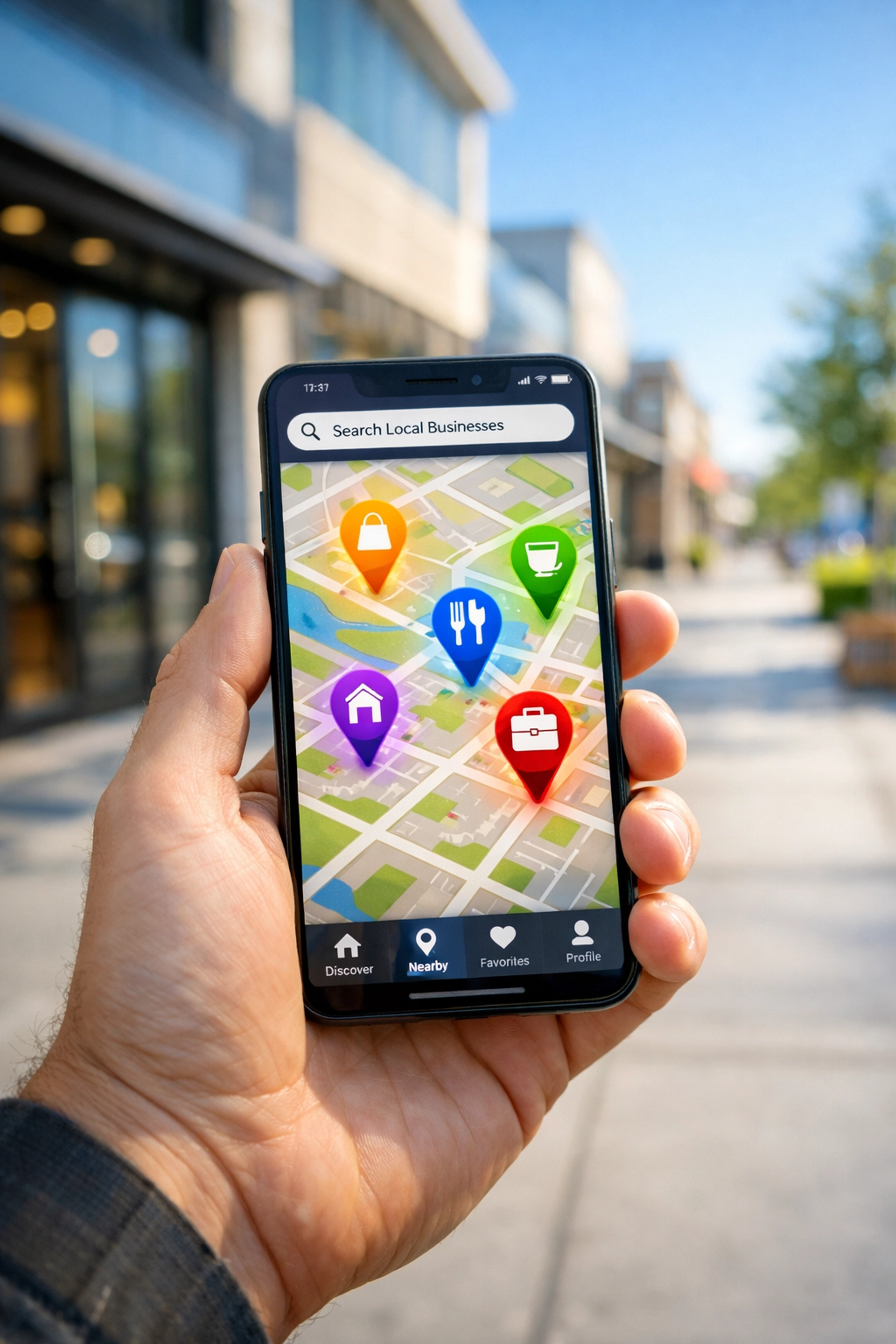 Smartphone showing local business pins on a map in the Tri-Cities, representing Google Business Profile optimization.