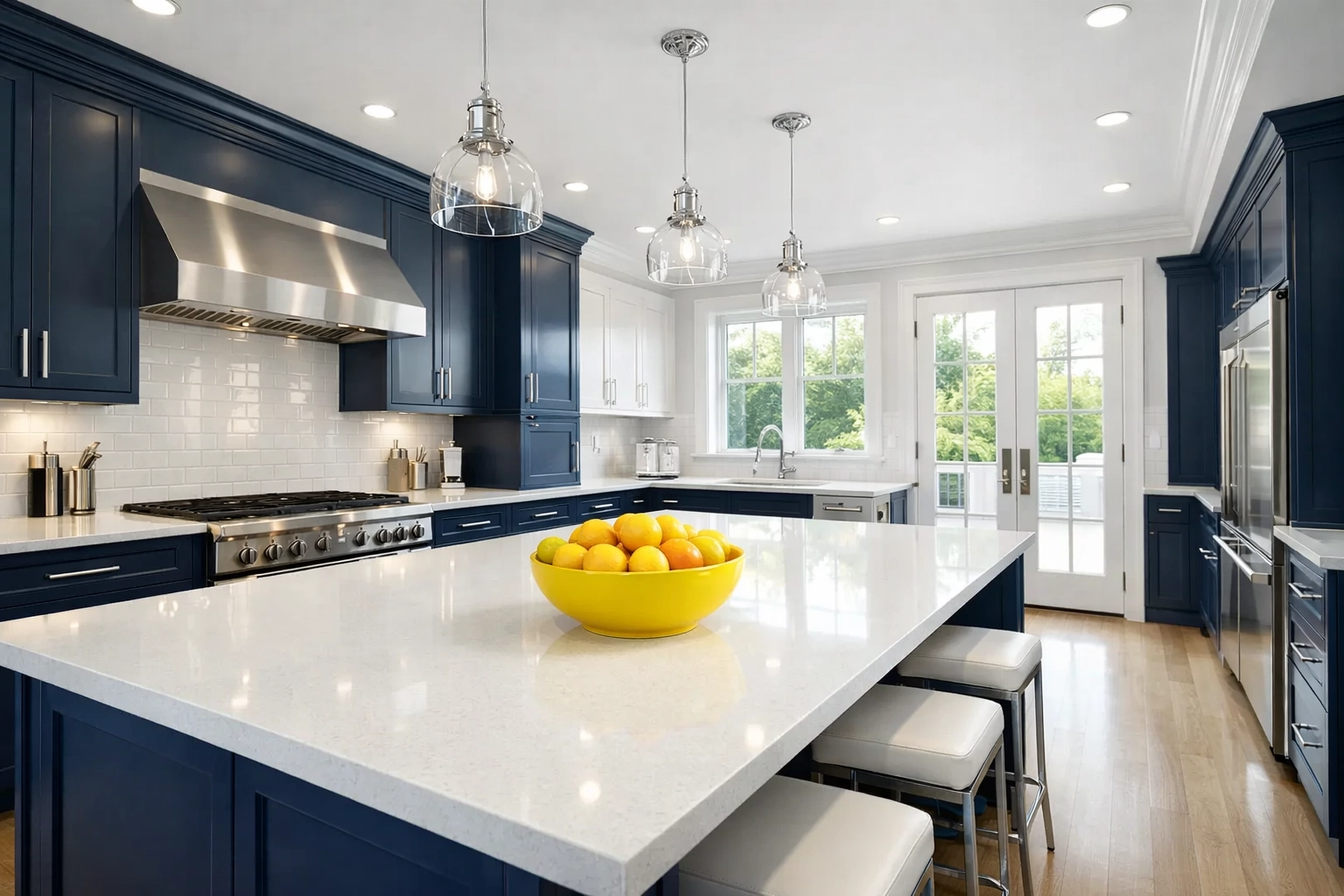 Modern kitchen with blue cabinets after a professional deep cleaning in Southborough estate.