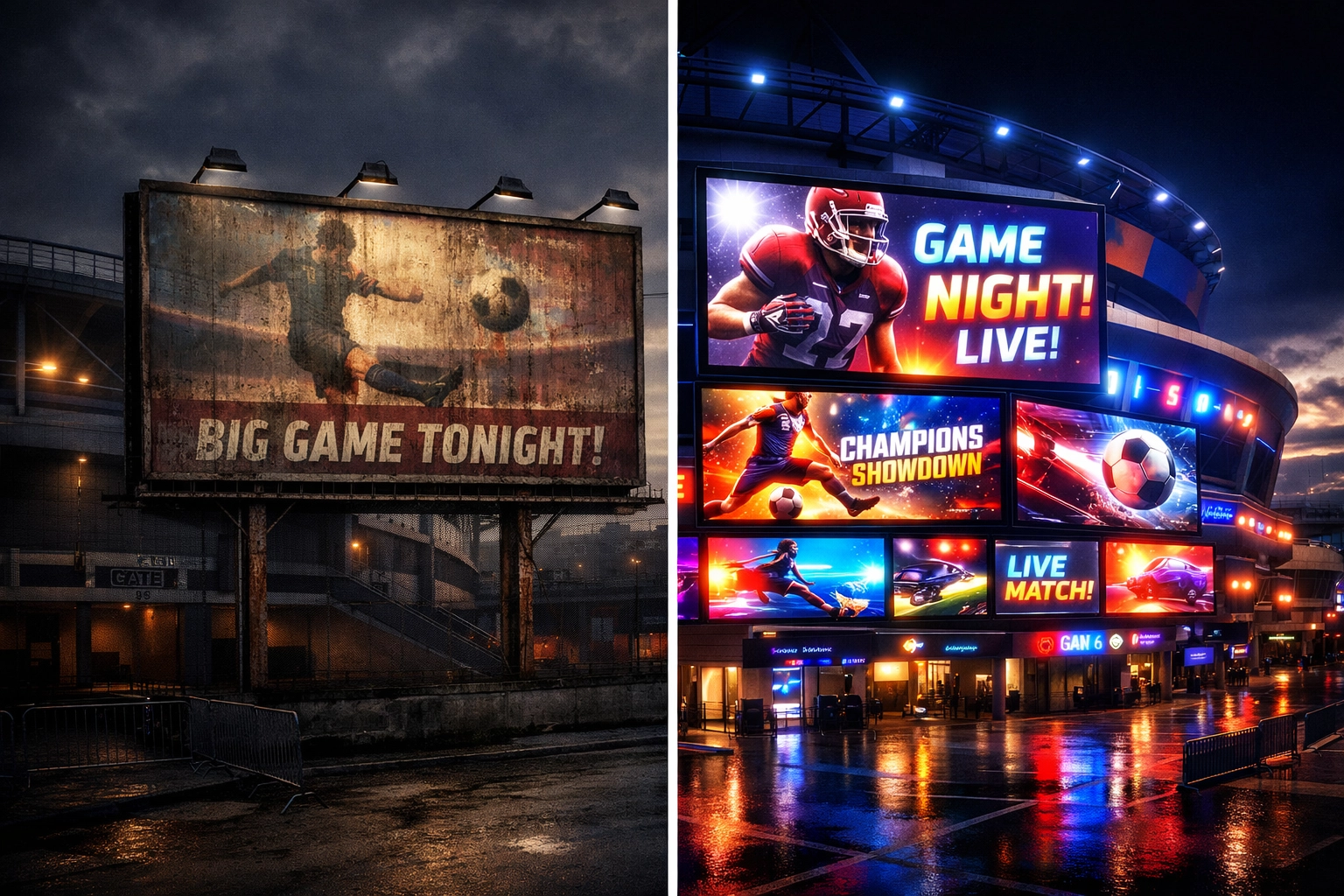 Comparison of traditional static billboard and modern digital DOOH screens in sports advertising