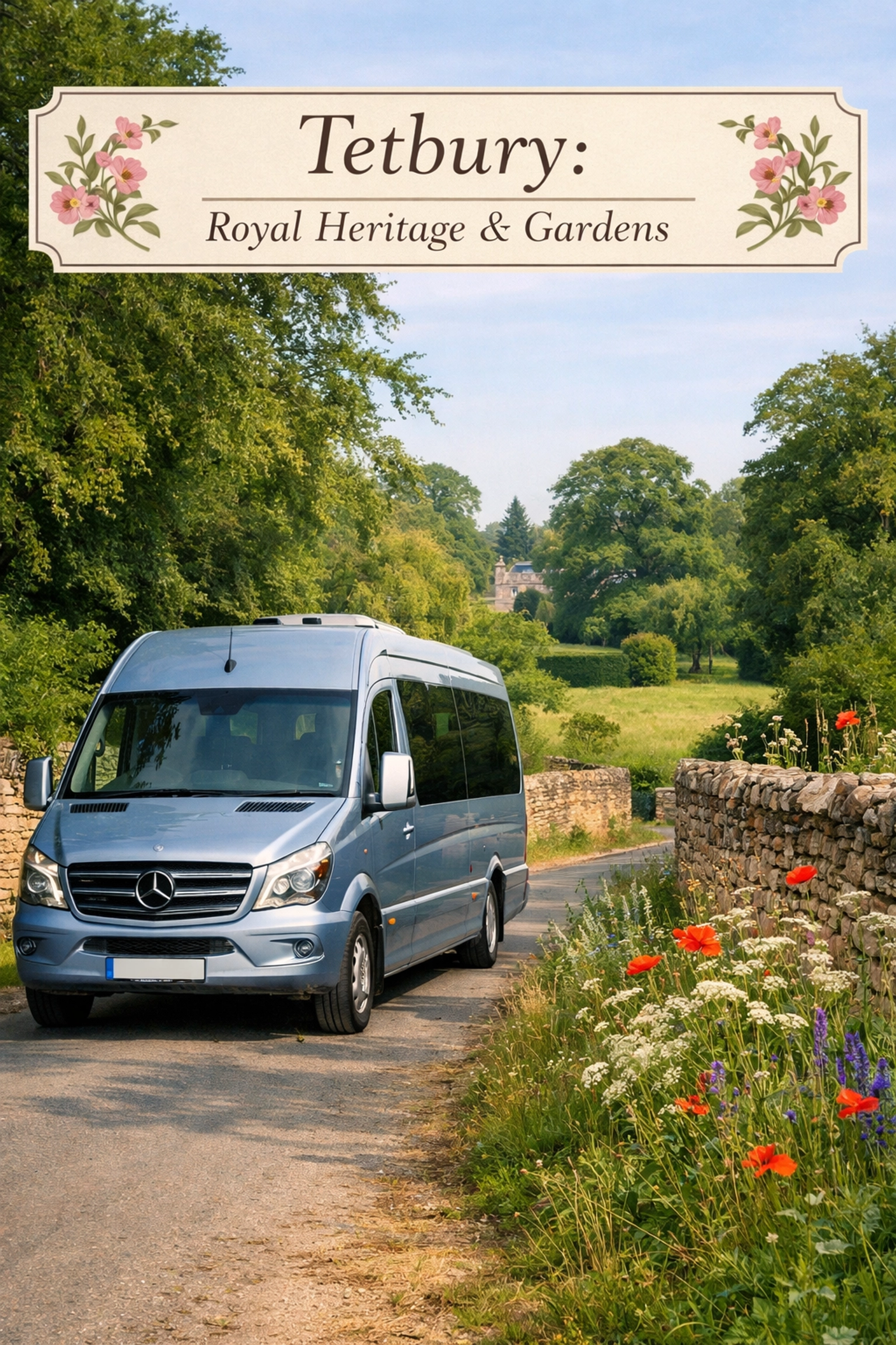 Silver Blue tour bus on a scenic lane near Highgrove Gardens for a Tetbury royal heritage tour.