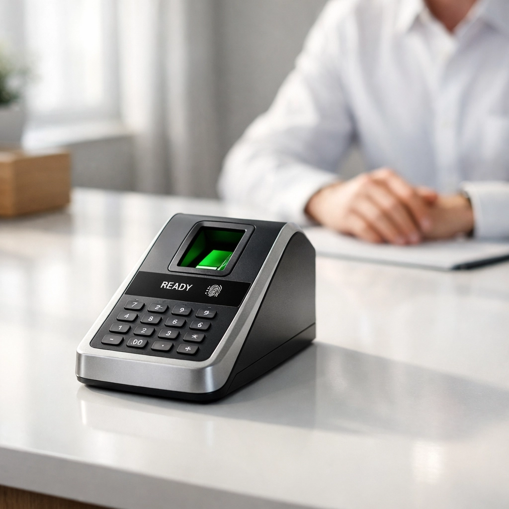 Modern biometric fingerprint scanner on a professional office desk for IRS ERO compliance.