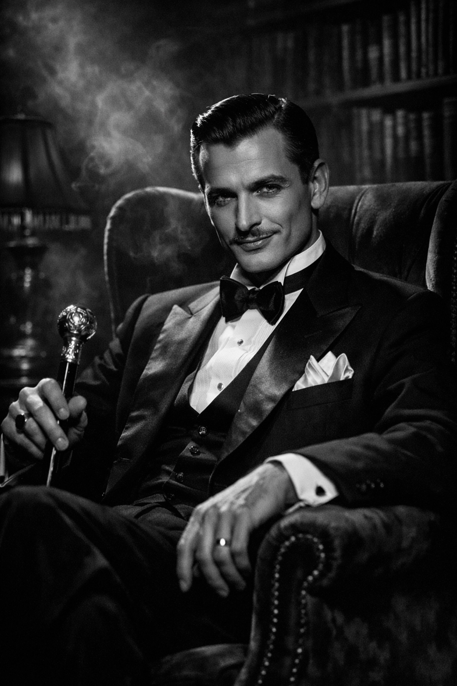 Vintage noir-style photo of a sophisticated man in a tuxedo representing historical queer-coded villains.