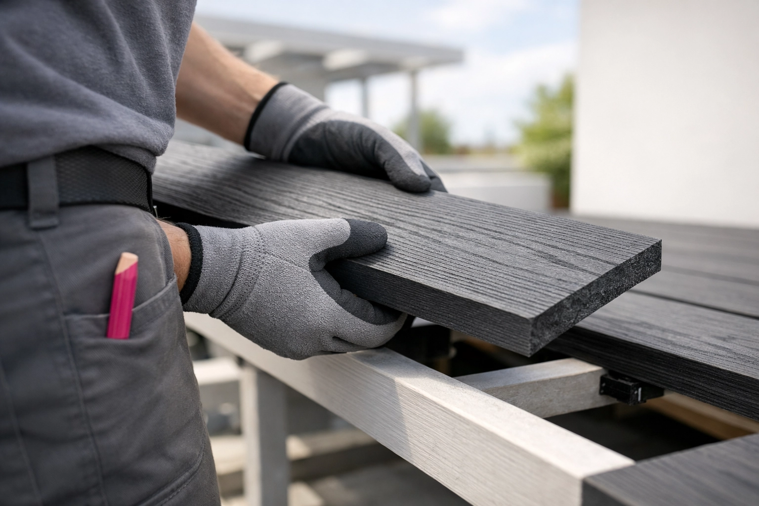 Builder installing a maintenance-free recycled plastic plank on a modern sustainable construction site.