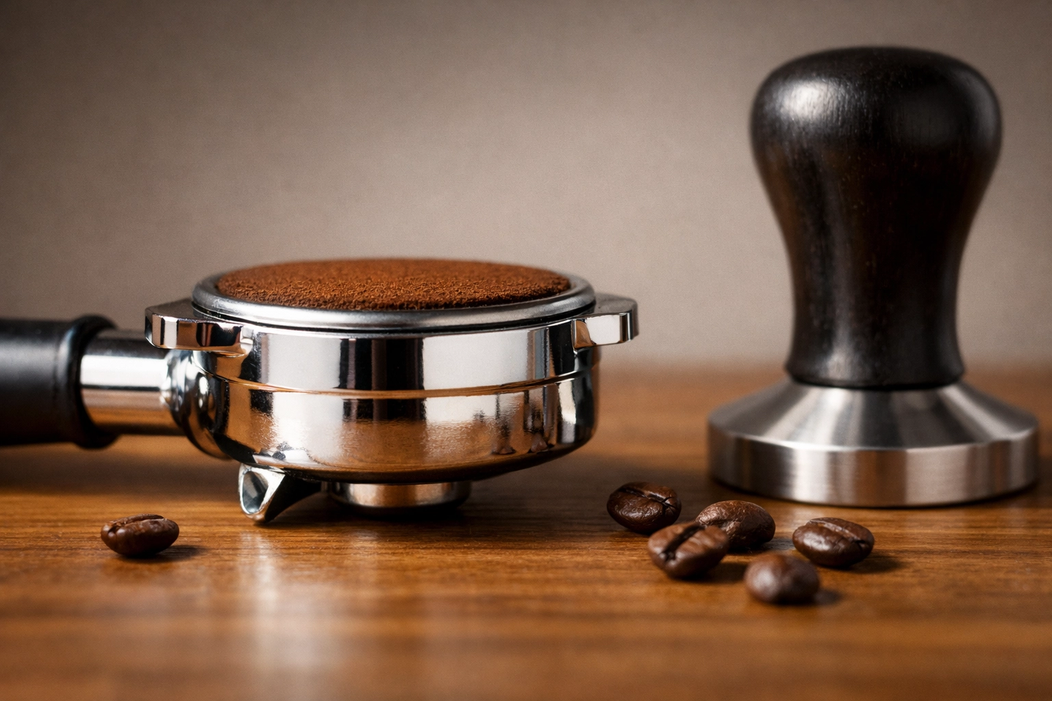 Perfectly level tamped espresso puck in chrome portafilter with tamper
