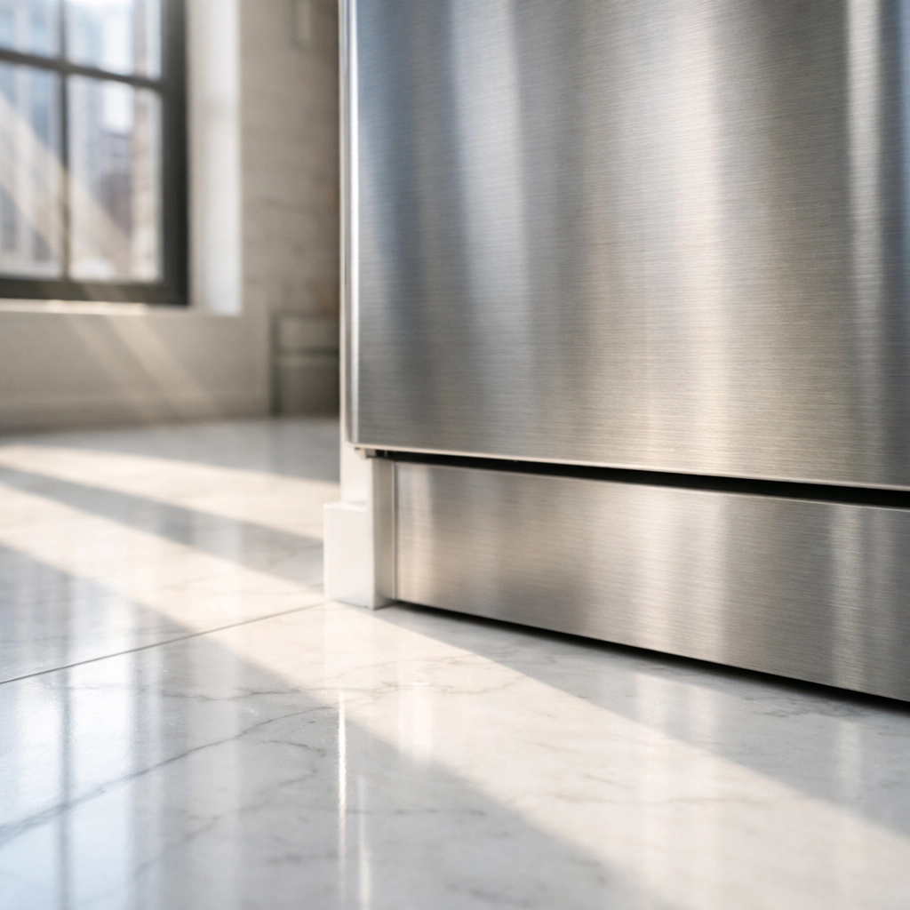 Spotless baseboards and marble floors in a deep cleaned Chicago loft kitchen, highlighting professional property maintenance.