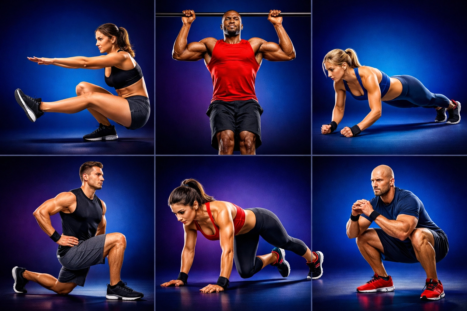 Six essential bodyweight exercises demonstrated in home workout grid