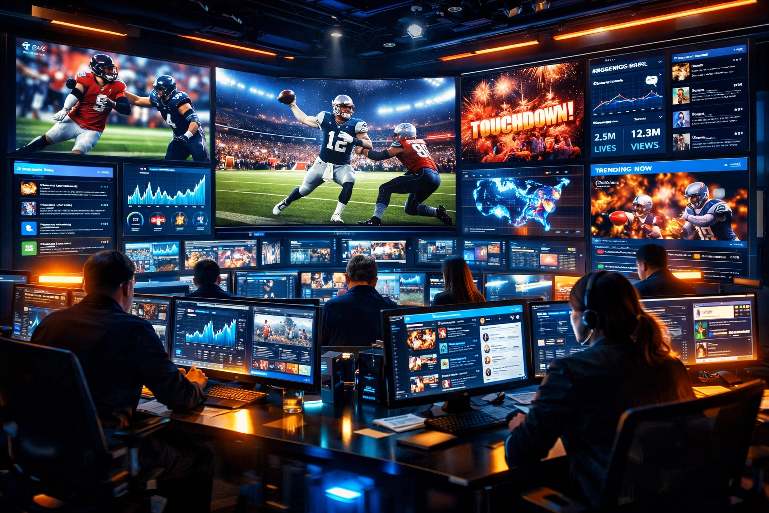 Digital marketing team monitoring real-time sports data and social media trends during a major media blitz.