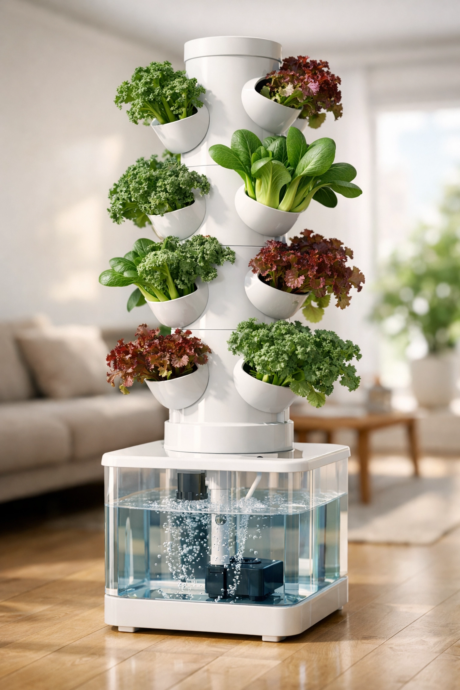 DIY vertical hydroponic tower growing fresh kale and lettuce in an urban apartment.