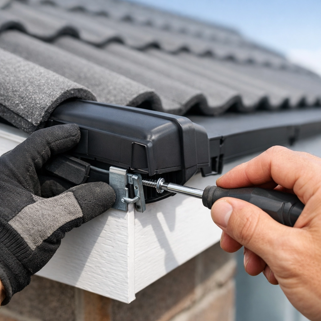 Roofer installing dry verge cap onto roof tile showing mechanical fixing system