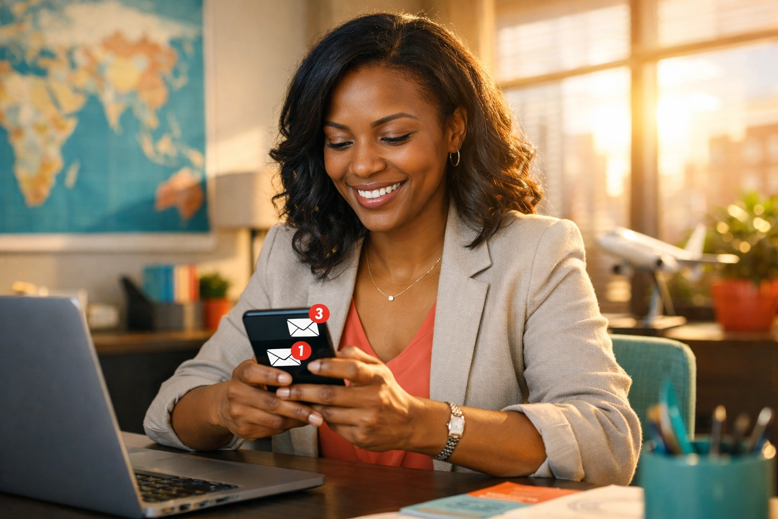 Travel agent responding quickly to email inquiries on smartphone to convert leads into bookings