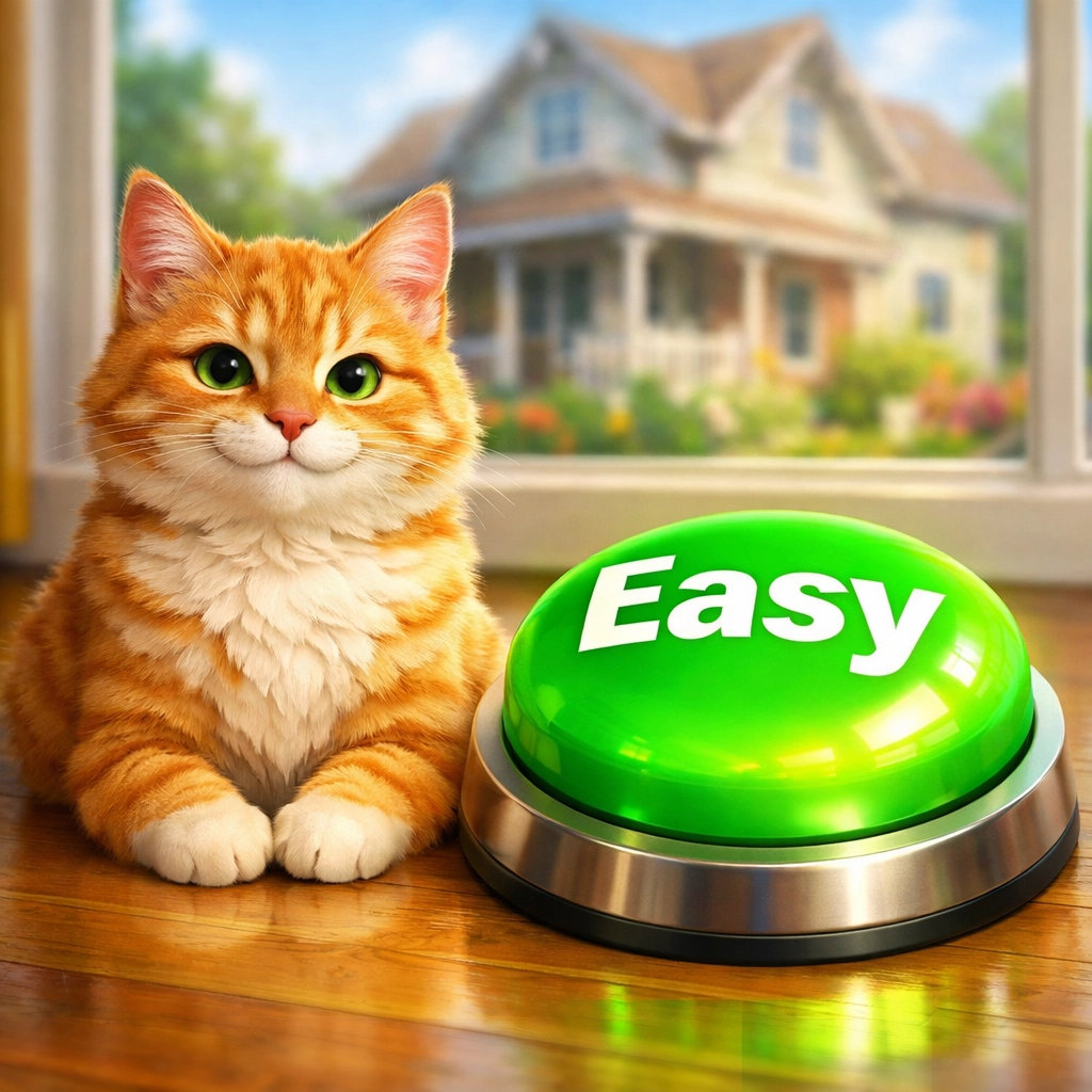 Content cat next to an easy button representing a stress-free cash offer for Kansas City homeowners.