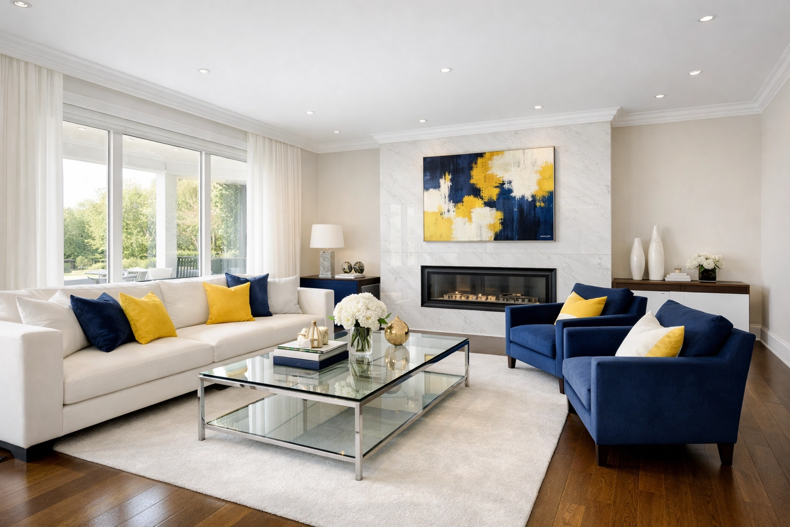 Pristine, clutter-free living room in a Westford estate highlighting the serenity of deep cleaning services.