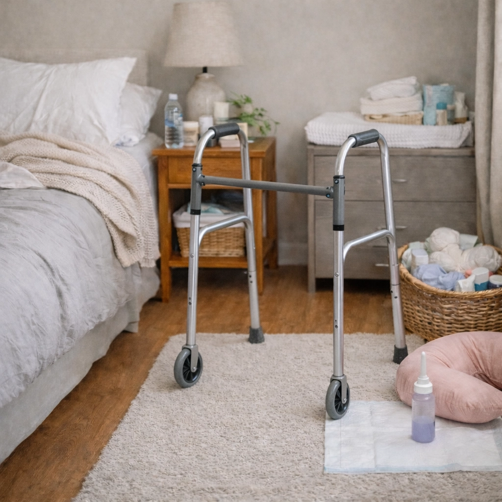 Rolling walker in a postpartum home recovery setup