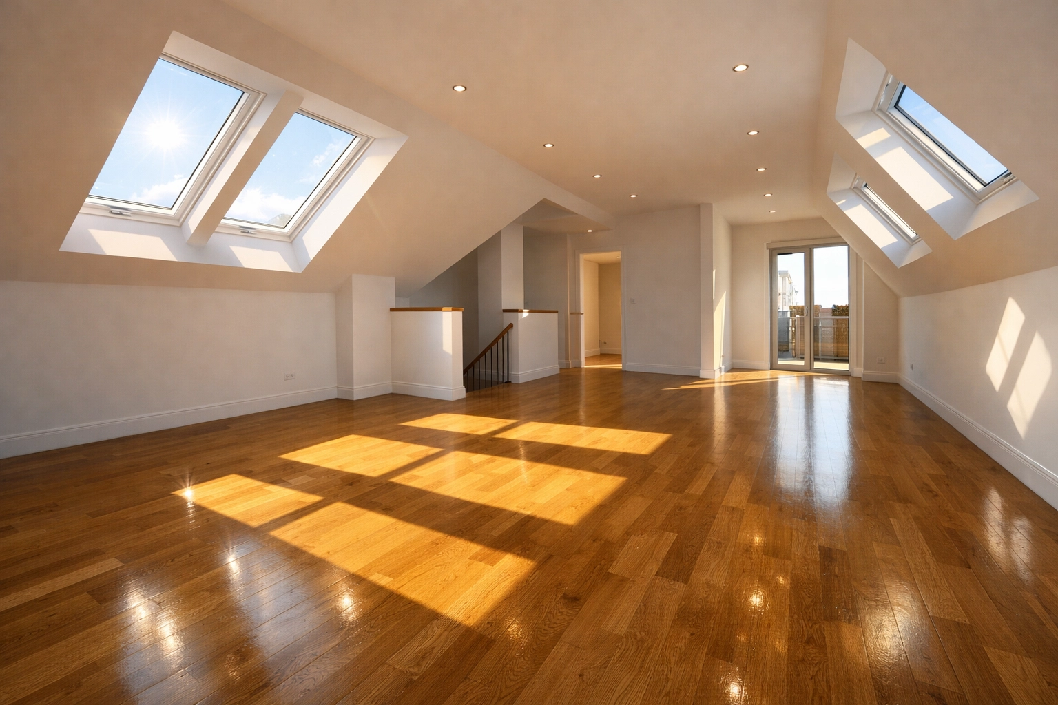 A pristine, sunlit loft conversion with oak flooring, professionally cleaned and ready for occupancy.