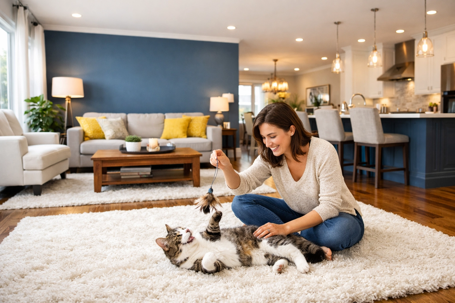 A happy pet owner playing with a cat on a clean white rug in a professionally cleaned, pet-friendly home.