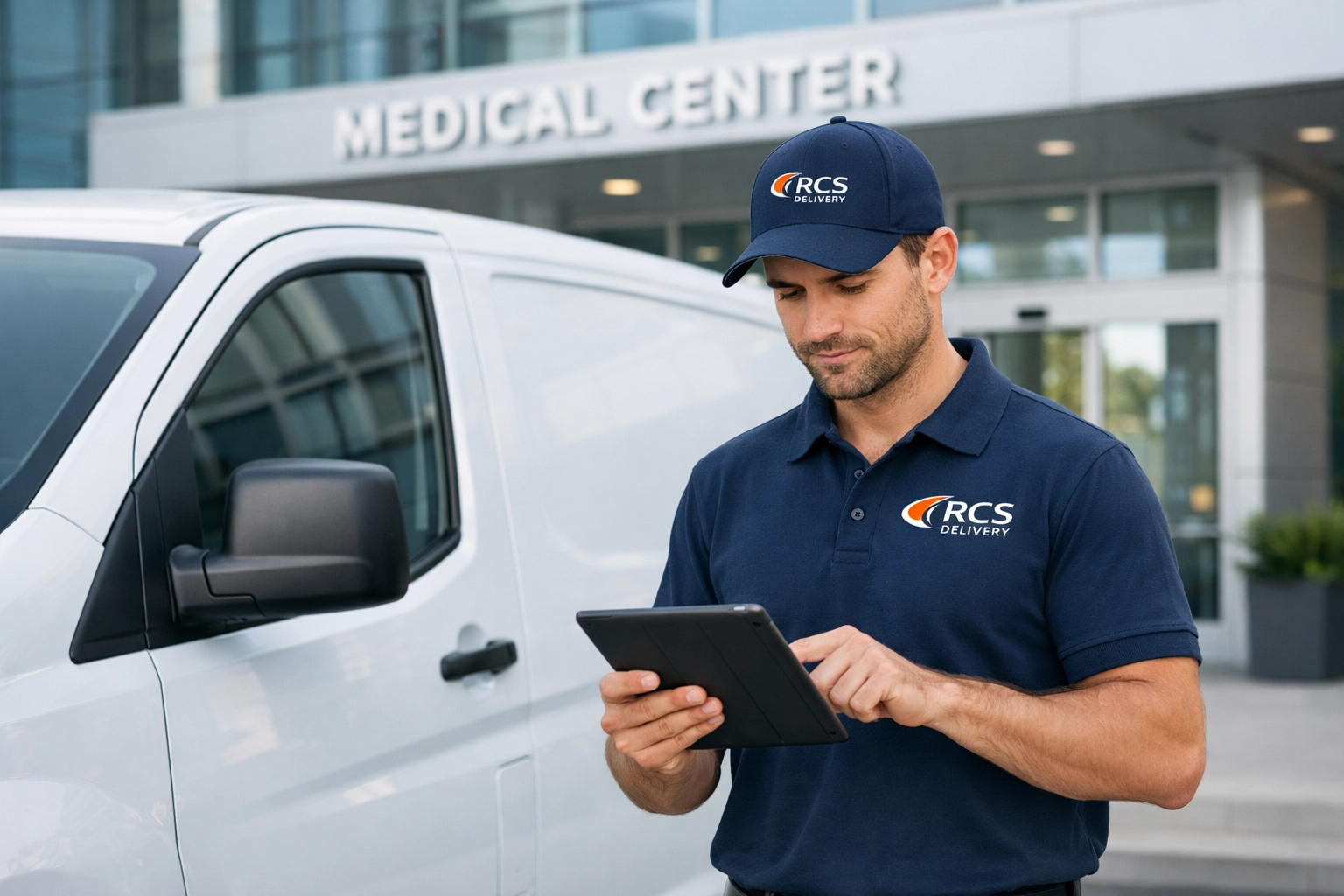 RCS Delivery courier checking his route at a medical center for accurate lab specimen transport.