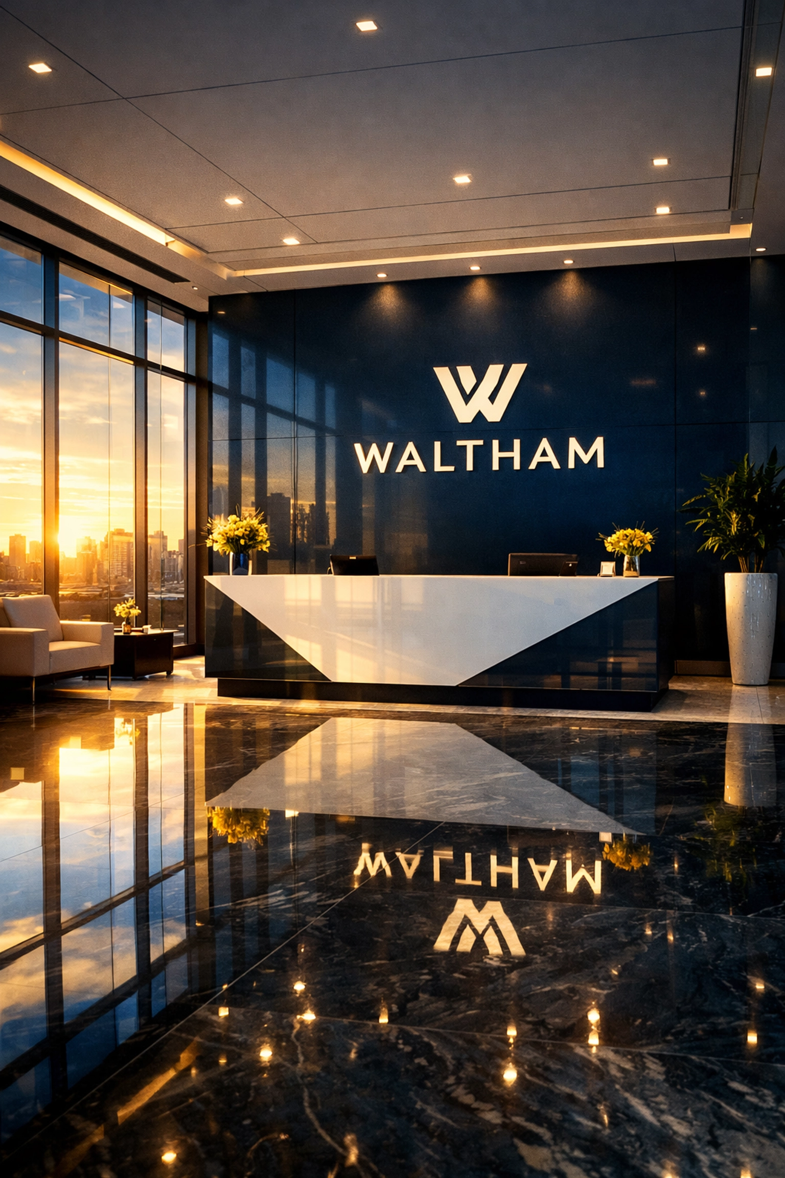 Pristine Waltham office lobby with sun-lit polished marble floors and a minimalist reception desk.