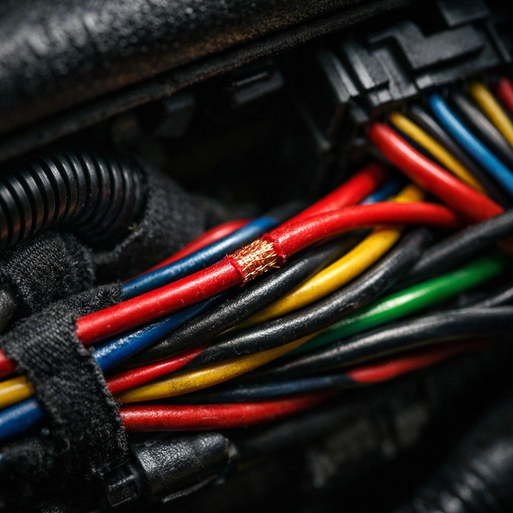 Close-up of complex automotive electrical wiring harness with a frayed wire causing a dashboard short circuit.