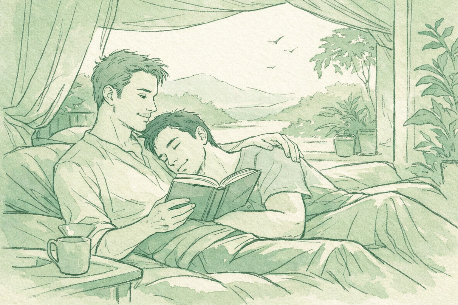 Intimate MM couple reading a romance novel, showing vulnerability and emotional connection.