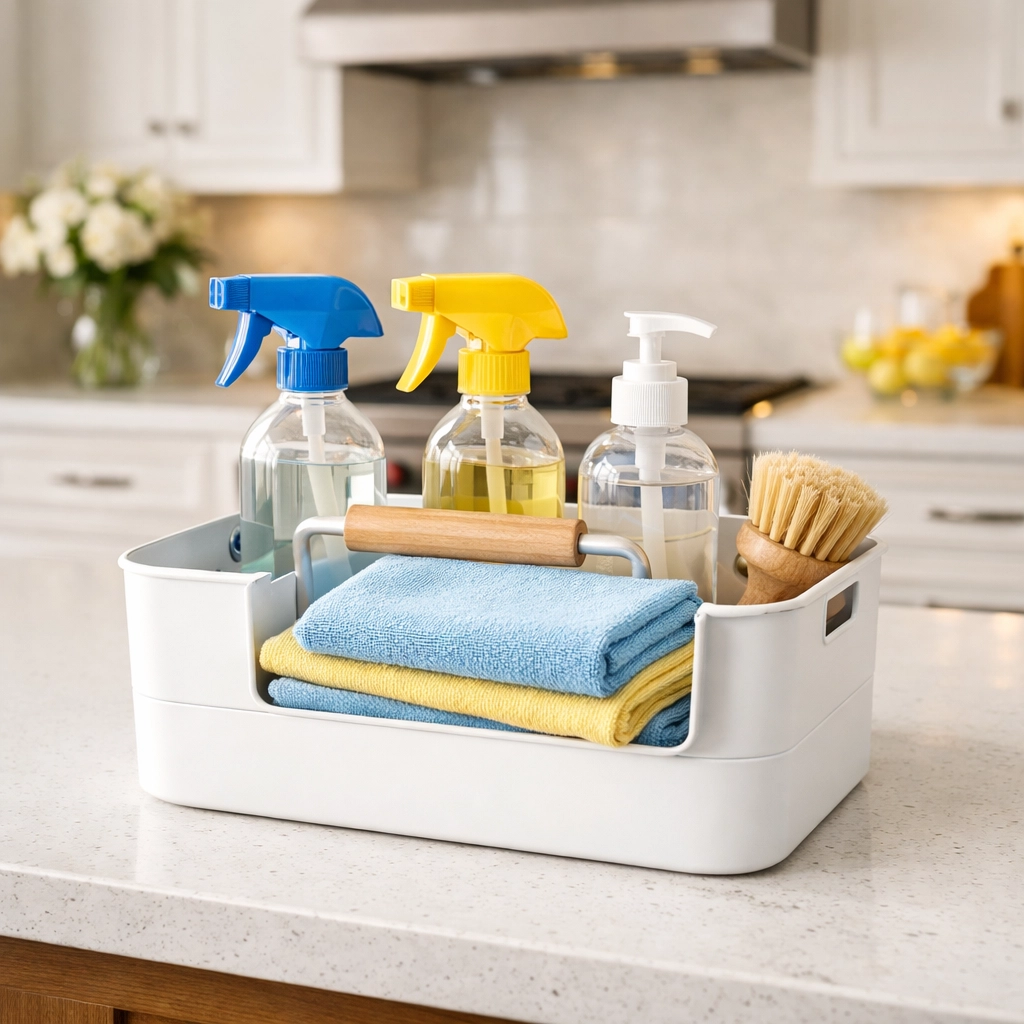 Eco-friendly cleaning supplies on a spotless kitchen island in a luxurious Medfield residence.