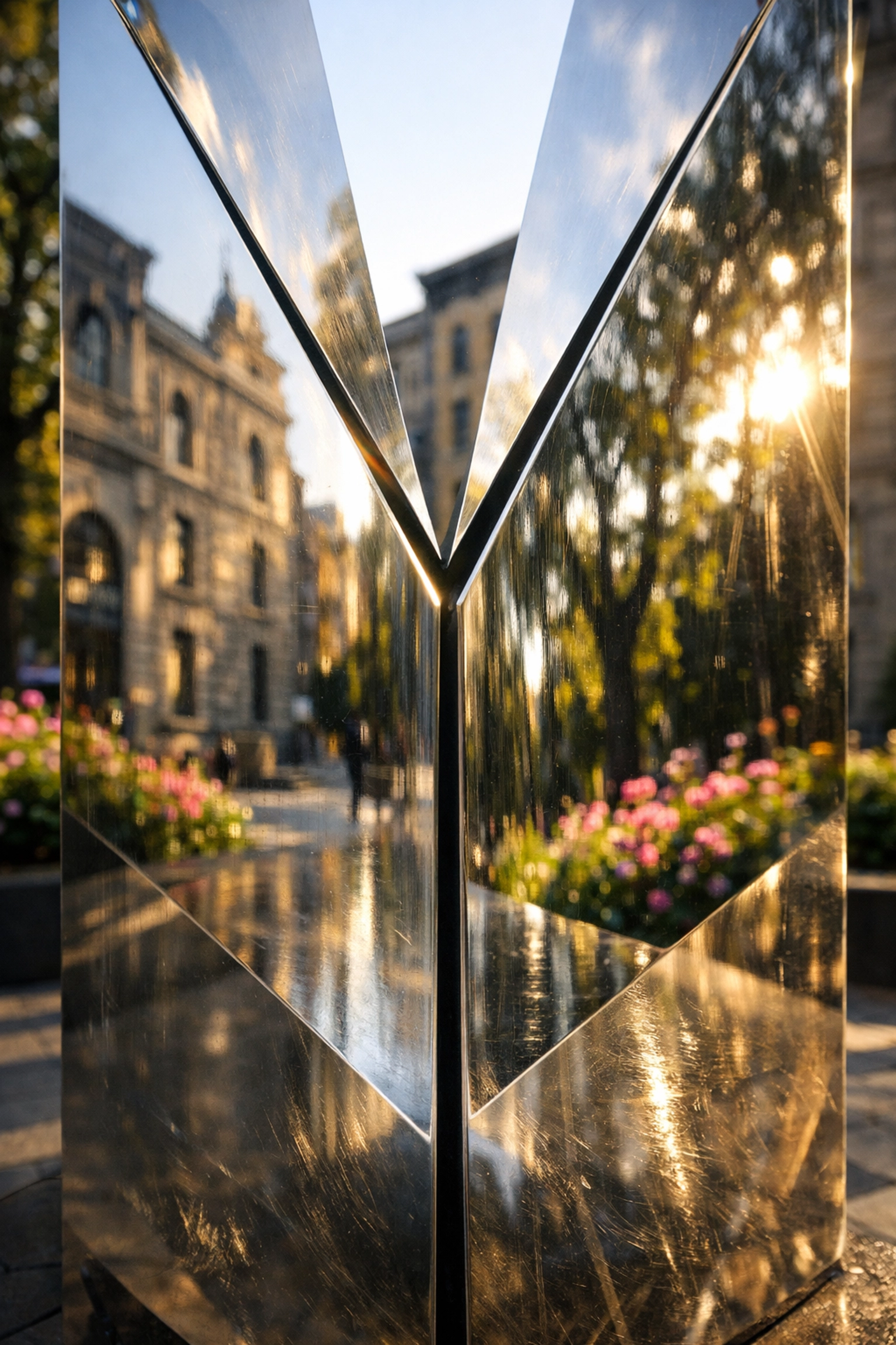 Close-up of the polished mirror memorial at Place des Montréalaises honoring local women in Montreal.