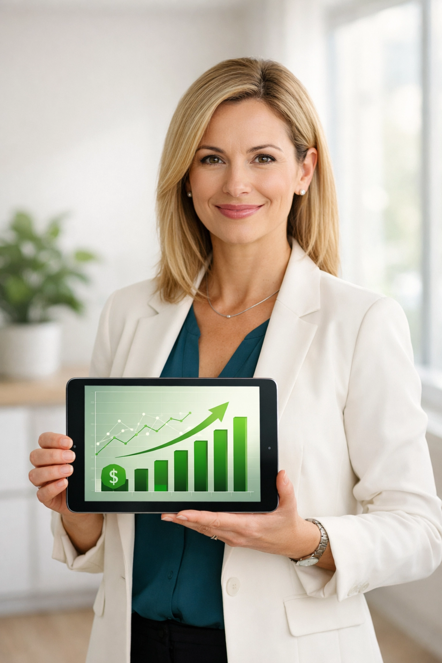 A business owner reviewing a growth chart in a modern office, representing predictable Managed IT costs.