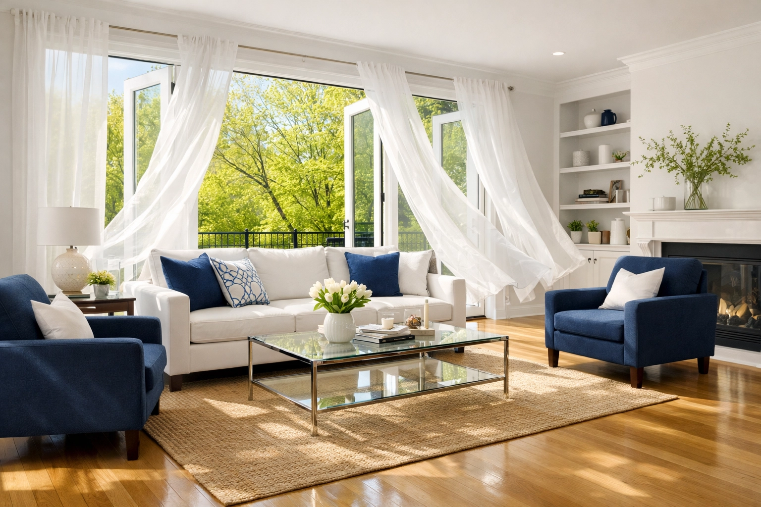 Bright living room showing fresh, eco-friendly spring cleaning in MA results for a Cambridge home.
