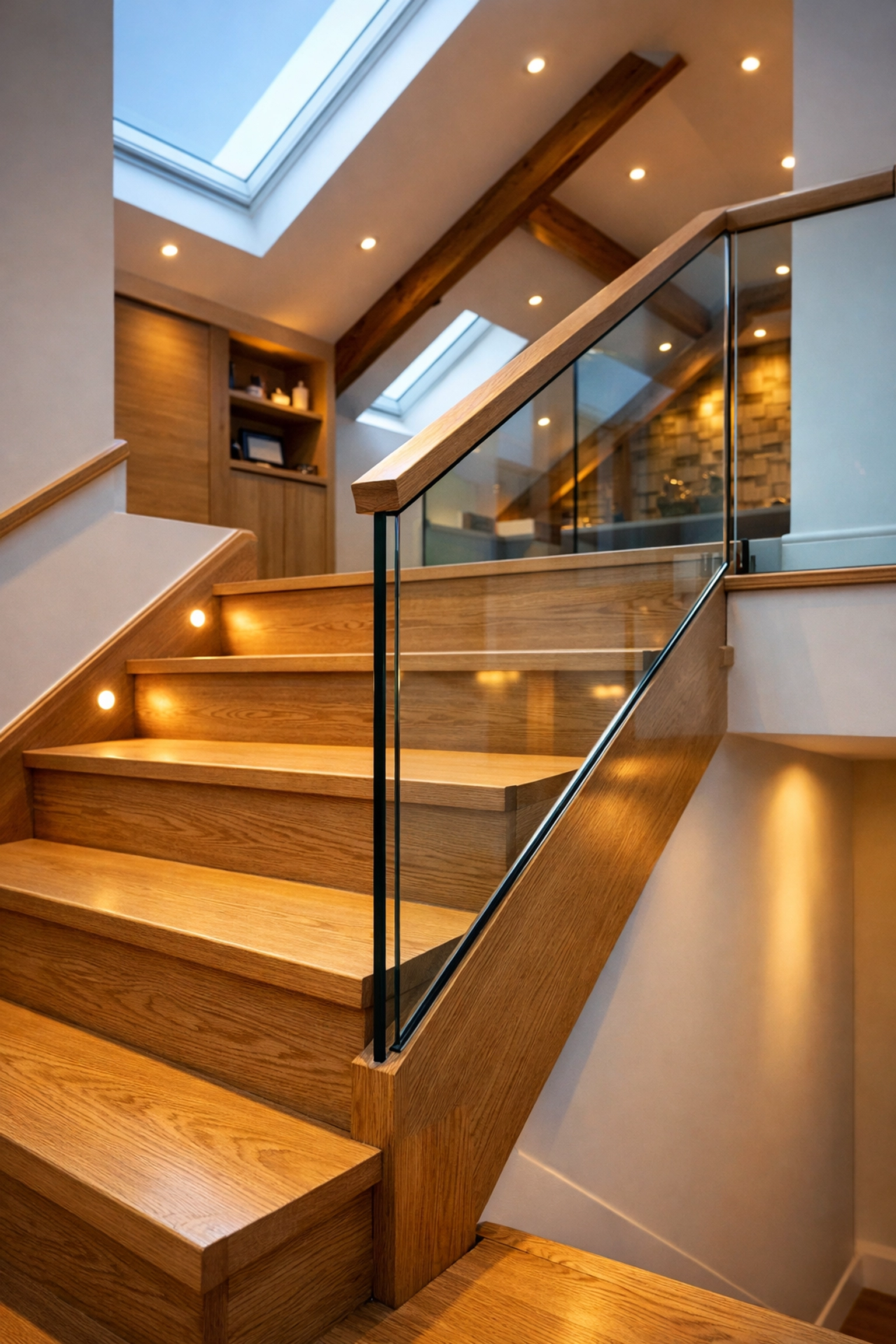Bespoke oak and glass staircase for a professional loft conversion in Chichester.