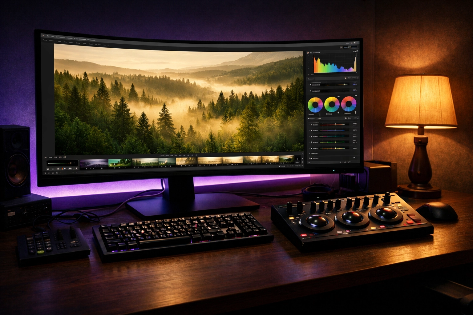 Professional editing station showing color grading, a key step in modern photography tutorials.