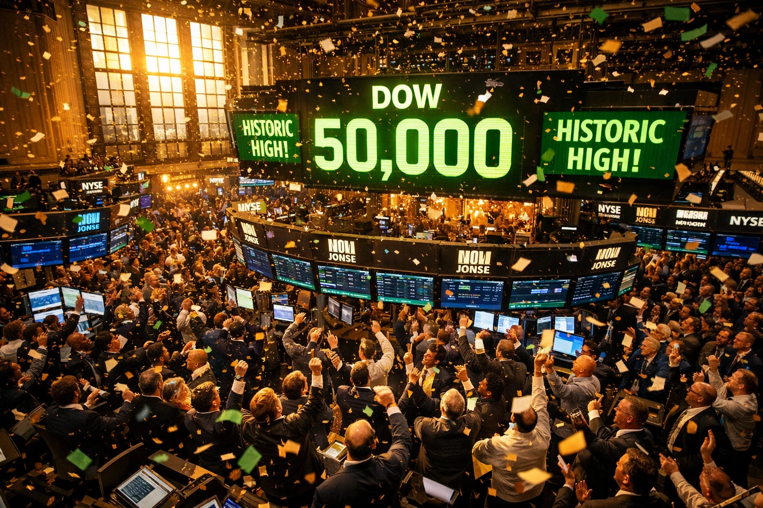 Traders celebrating on NYSE floor as Dow Jones hits historic 50,000 milestone