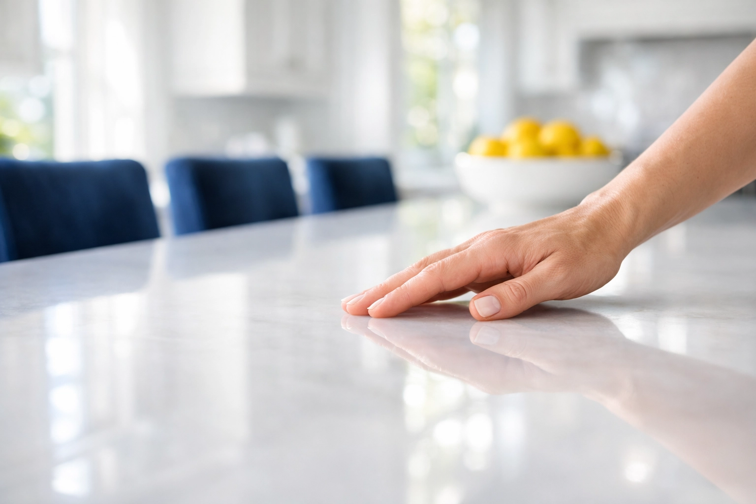 Hand touching a polished marble kitchen countertop in a Wellesley home after professional house cleaning.