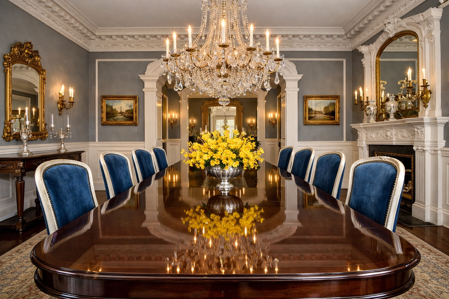 Grand Belvidere estate dining room with polished surfaces cleaned by professional maid services Lowell.