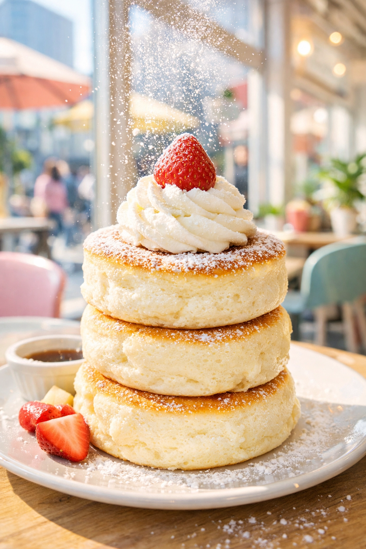 Fluffy Japanese soufflé pancakes in a bright Harajuku cafe, a must-visit photo spot for foodies.